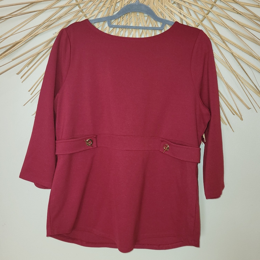 By Chico's Size 2 Belmont Red Piper Boat Neck 3/4 Sleeve Top